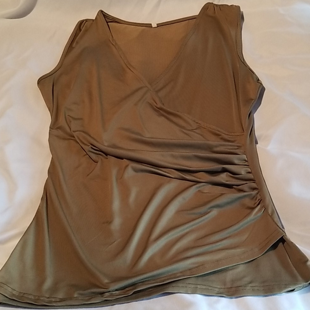 Silky olive vneck tank top with side ruching